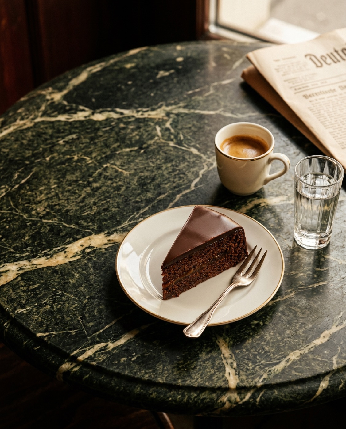 Sachertorte auf Marmortisch